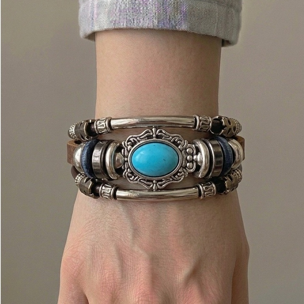 Multi-Strand Genuine Leather Bracelet Brown  Beaded Turquoise Boho Rodeo Cowgirl